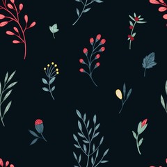 Vector floral seamlees pattern with leaves, swirls, flowers, berries and branches elements on black background. Bright summer colorful floral texture for textile, wrapping paper, print design, surface