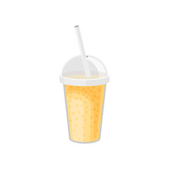 Flat vector icon of smoothie in transparent plastic cup with lid and drinking straw. Fresh fruit juice. Delicious and healthy beverage