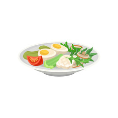 Ceramic plate with boiled eggs, fresh vegetables, aromatic herb and piece of cheese. Delicious and healthy dish. Flat vector icon