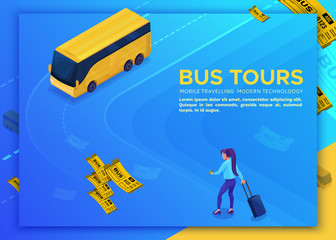 Bus travel concept, landing page template with isometric 3d icons of automobile, girl booking online tour and buying ticket, smartphone application design, modern vector illustration with people - 213632878
