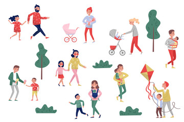 Flat vector set of parents with kids in different actions. Happy childhood. Active lifestyle. Fatherhood and motherhood concept