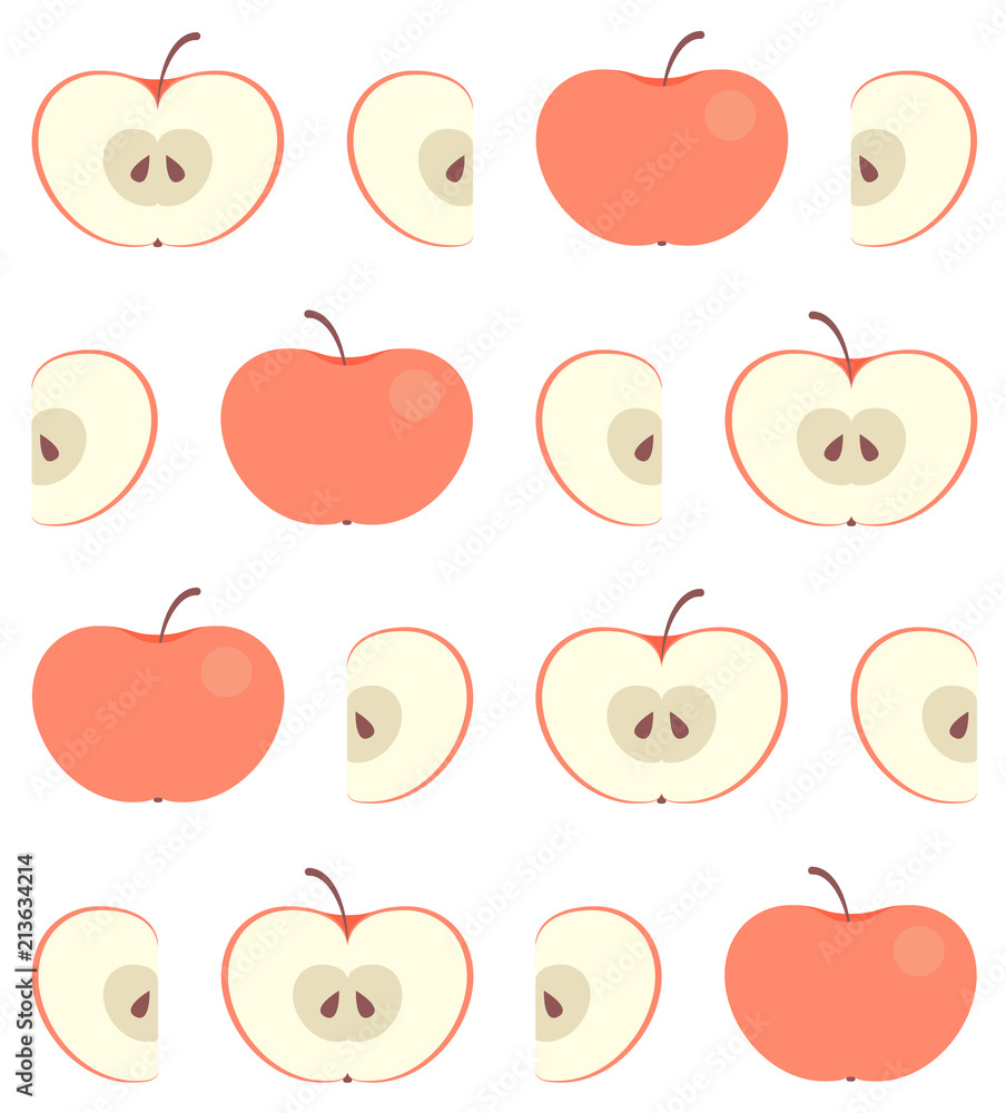 Poster seamless pattern with flat red apple isolated on white background. whole and carved (halfs and slice