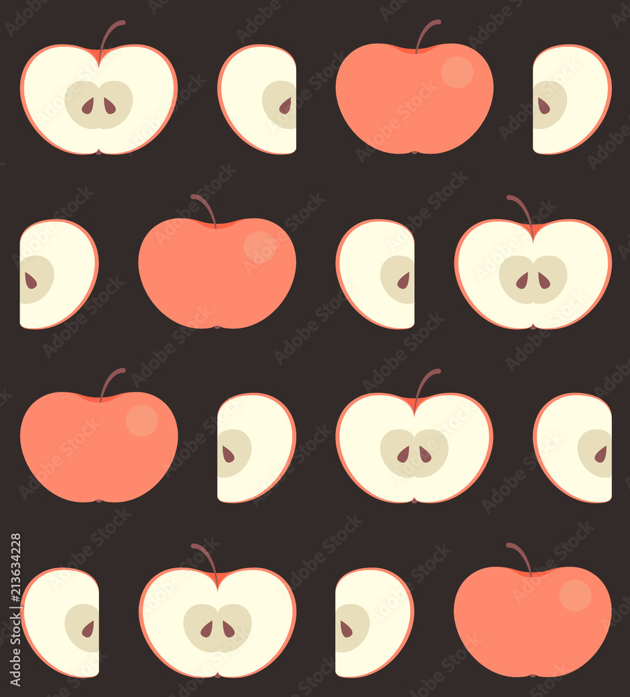 Poster seamless pattern with flat red ripe apple isolated on dark background. whole and carved (halfs and s