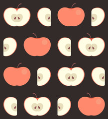 Seamless pattern with flat red ripe apple isolated on dark background. Whole and carved (halfs and slices) apples on fruit texture for fabric, wallpaper or web background. Vector EPS10 design