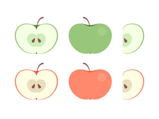 Set of colorful appe icons in flat vector style. Whole and carved (halfs and slices) ripe fresh apple in collection for fruits illustrartion