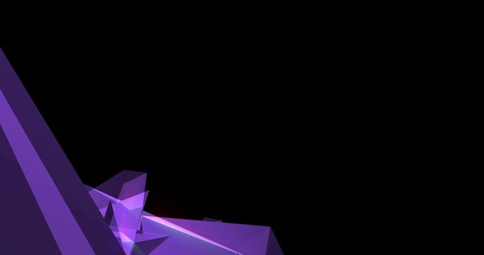 Purple translucent polygon spikes move on a black background intertwining with one another. Luminescent background with moving polygonal objects