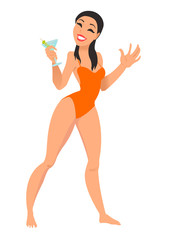 Fototapeta na wymiar Vector cartoon beach girl. Young woman is walking with martini glass in hand. Summer vacation. 
