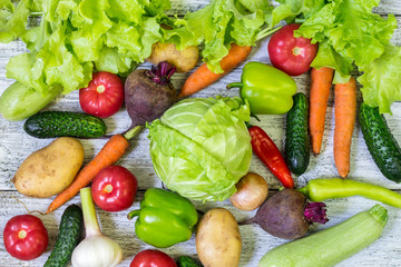 Different colorful vegetables all over the table in full frame. Healthy eating