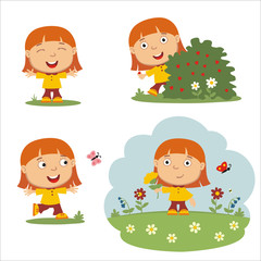 Vector set funny girl with red hair on summer meadow with flowers, isolated on white background.