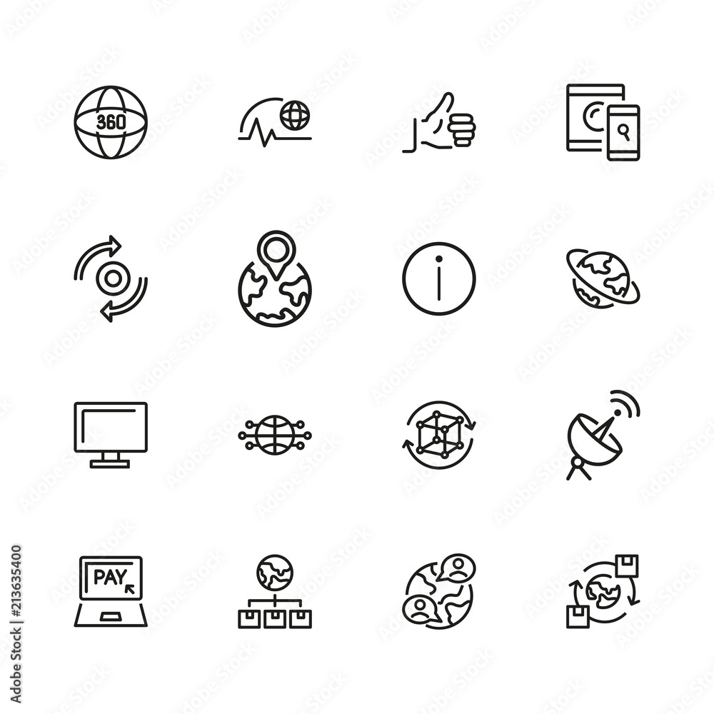Poster internet technology icons. set of line icons. cloud, social media, thumb up. internet technology con