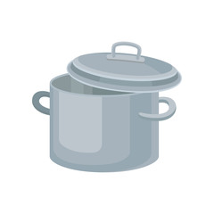 Flat vector icon of metal saucepan for cooking food. Stainless pot with two handles and lid. Kitchenware theme