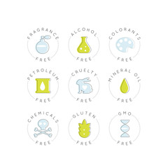 Isolated Vector Style Illustration Logo Set Badge Ingredient Warning Label Icons. GMO, Fragrance, Cruelty, Alcohol, Colorants, Petroleum, Mineral Oils, Chemicals, Gluten Free Organic Product Stickers