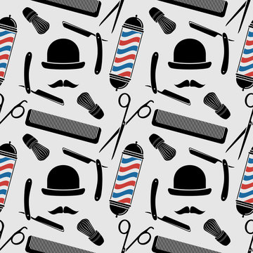 Barber Shop background, seamless pattern with hairdressing scissors, shaving brush, razor, comb, barber pole, mustache and bowler. Vector illustration