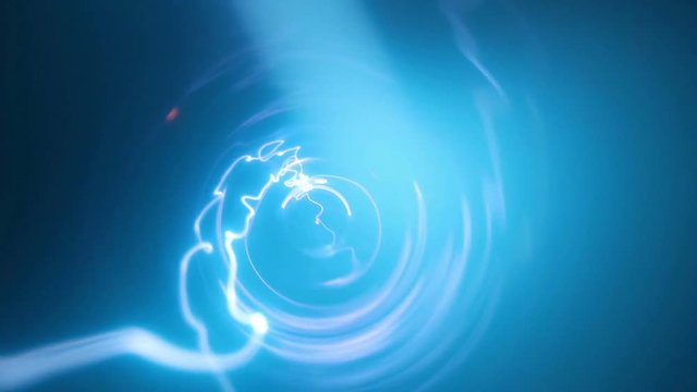 Plasma tunnel with blue and light blue flashes. Big electric shocks in an path. Blue lightning storm on a black background, electricity and power out of control. Energy, science and magic showed