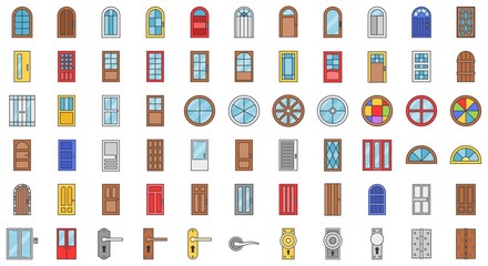 Door and window installation icon set, filled outline