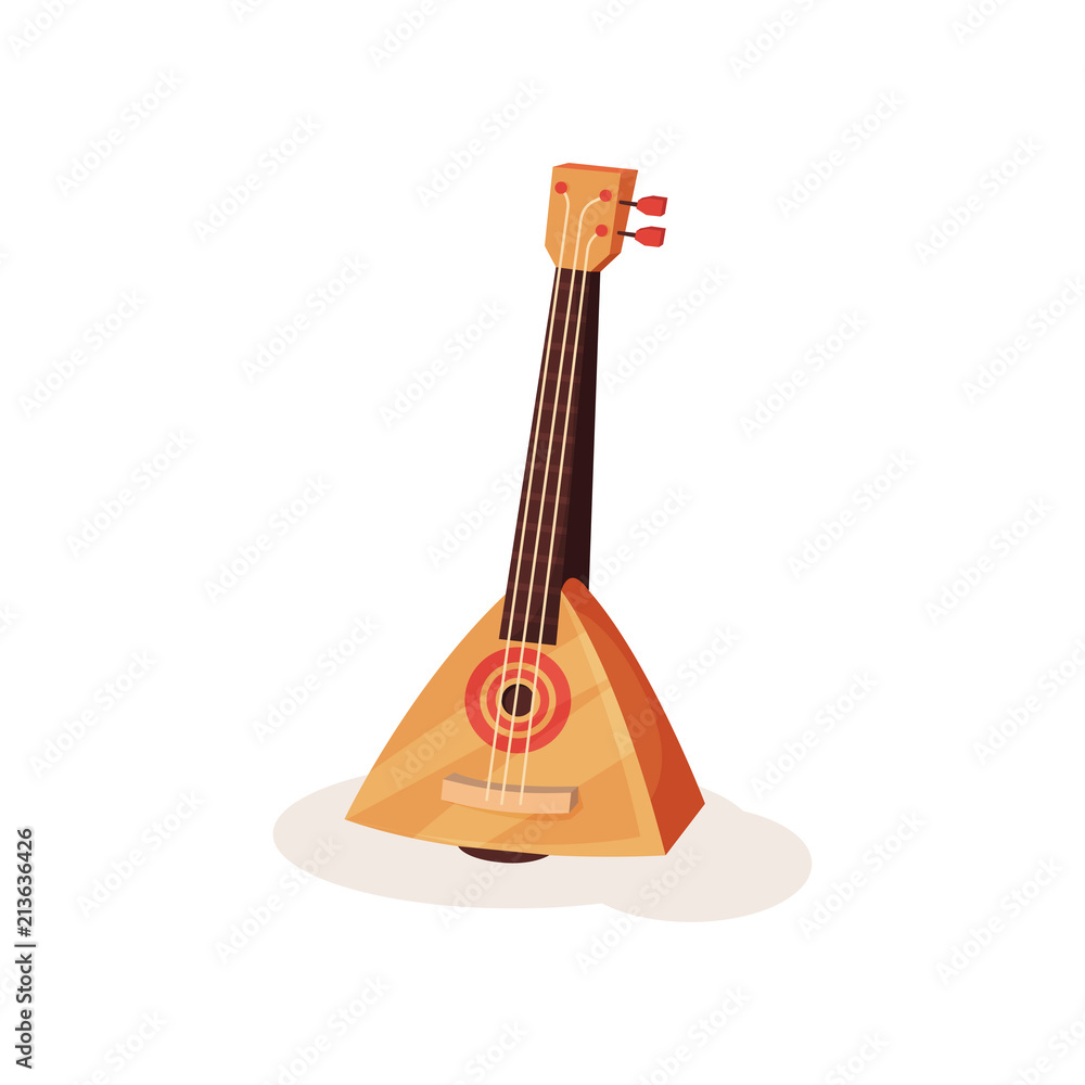 Poster flat vector icon of brown balalaika. russian stringed musical instrument with triangular wooden body