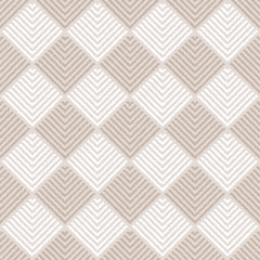 Beige and white striped squares ornament geometric abstract fabric seamless pattern, vector