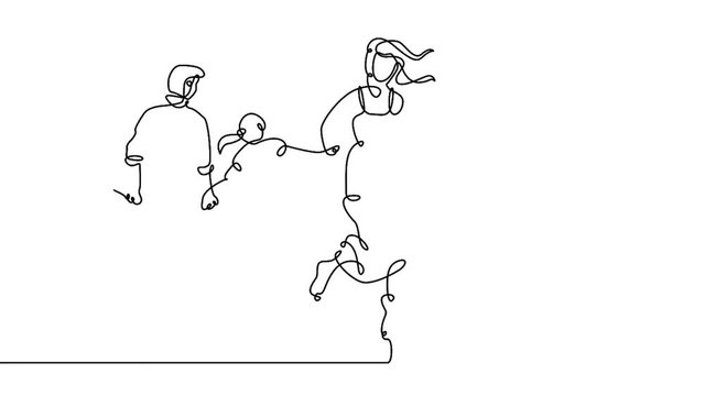 Continuous one line drawing of happy family running
