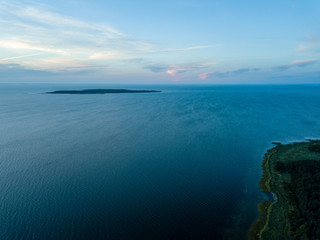 drone image. aerial view of sunrise over the islands in Baltic sea, Hiiumaa, Estonia