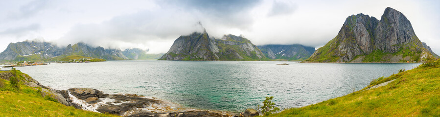 Panorama of nature view with fjord and mountains in Lofoten in Norway