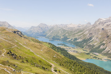Sils, Silsersee, Oberengadin, Alpen, Corvatsch, Wanderweg,, Graubünden, Sommer, Schweiz