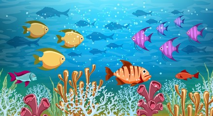 Fototapeta na wymiar Underwater panorama. Sea under water life, cartoon ocean swimming fish, deep corals reef and sand panoramic vector illustration background