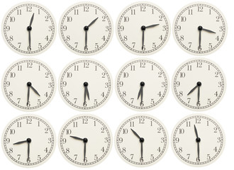 Set of office clocks showing various time isolated on white background