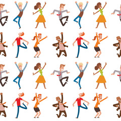 Fototapeta na wymiar People jumping in celebration party vector happy man jump celebration joy character. Cheerful woman active happiness expression many joyful friends seamless pattern background.
