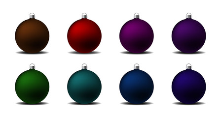 set of 8 christmas balls with shadow on white background. balls of different colors