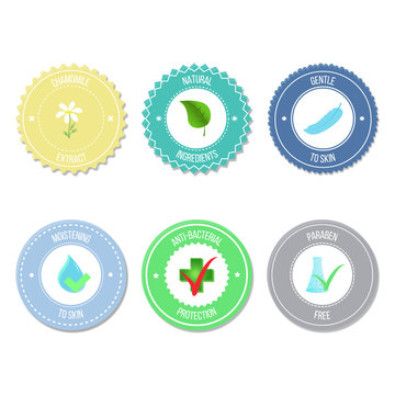 Vector set of badges and labels with various inscriptions for cosmetics. Cosmetics label on white background, isolated  elements for design packaging, labels, tags or stamps and badges.