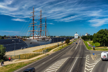 Three-masted ship in the port of Riga