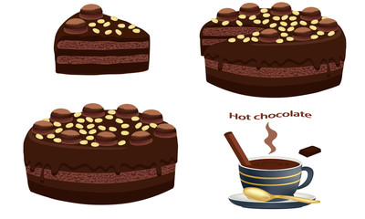 cup of hot chocolate and chocolate cake with chocolate cream. Slice of cake isolated on white background and cup of drink. Vector illustration.