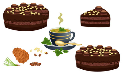Green tea and chocolate cake with chocolate cream and nuts isolated on white background. Cake cut sliced with cuttings. A cup of green tea and piece of chocolate cake. Vector illustration.