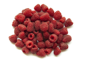 A bunch of fresh raspberries on a white background. Close-up, red berry.