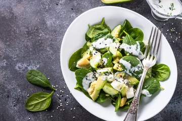  Green salad with avocado, spinach egg and cucumber.  © nadianb