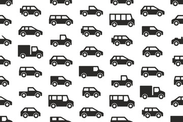 Seamless pattern with Cars and trucks in Black. isolated on white background