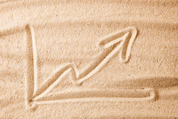 Beach and arrow chart up in the sand. concept of sales growth, growth in prices in the turistic...