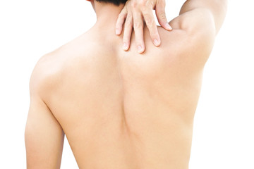 Fototapeta premium Closeup man hand holding neck or shoulder with pain on white background