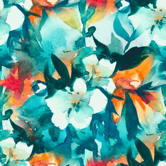 watercolour floral Seamless pattern, delicate flowers, yellow, blue and pink flowers