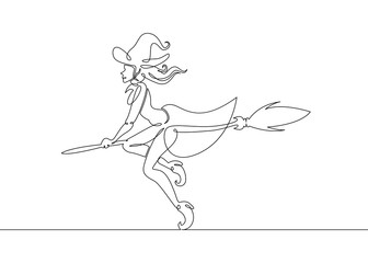 One continuous drawn single line of a witch halloween