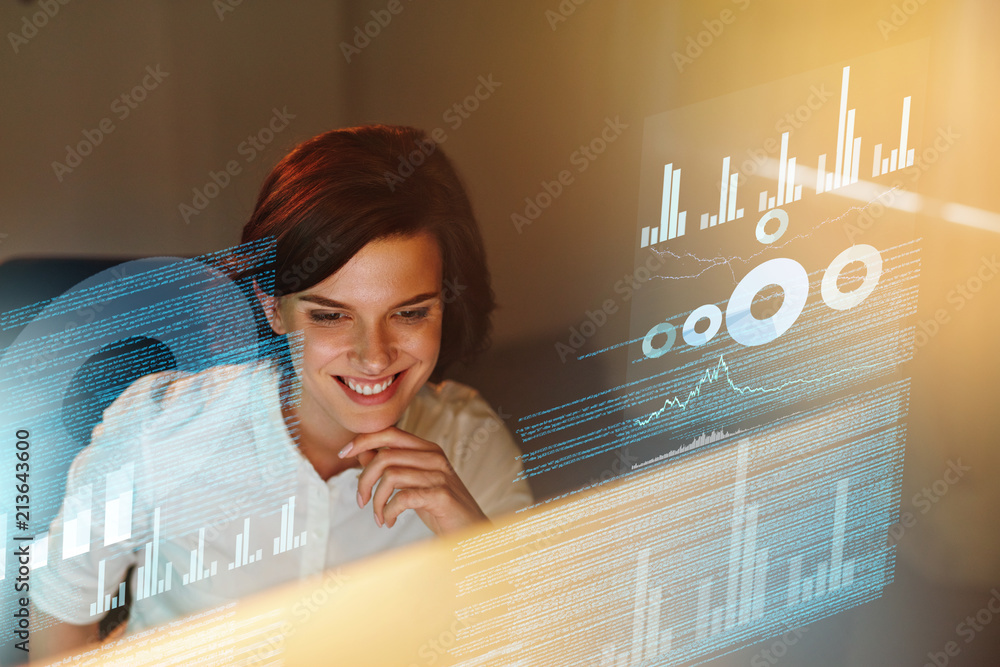Poster Female Programmer Working With Hologram Display