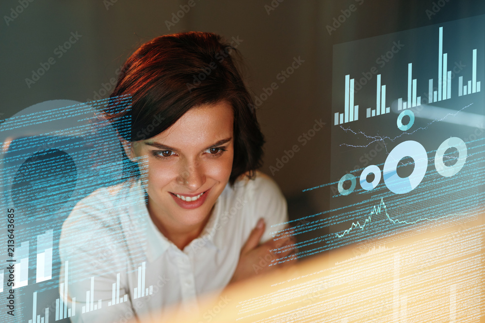 Poster Female Programmer Working With Hologram Display