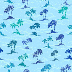 Fototapeta na wymiar Exotic Seamless Pattern, Tropical Landscape, Sea Islands with Palms Trees Green and Turquoise Silhouettes on Blue Tile Background. Vector