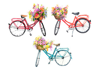 Fototapeta na wymiar Set of watercolor bicycles with flowers in basket, watercolor illustrator, hand painted, bike art