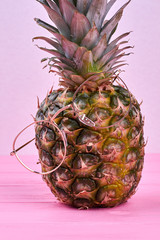 Funny pineapple in eyeglasses on color background. Golden eyeglasses on fresh ananas on pink wooden background.