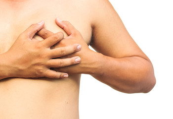 Acute pain in chest on white background.