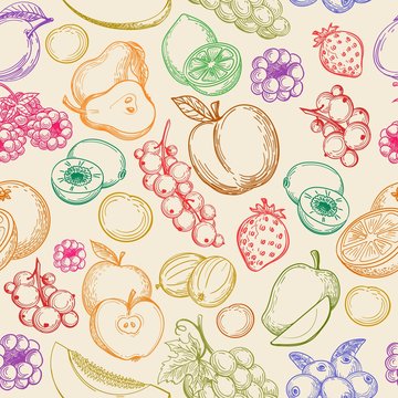 Fruits sketch pattern. Beautiful color orange, lemon and berries fruits doodle vector background