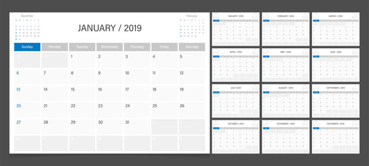 Calendar 2018 week start on Sunday. Calendar planner corporate design template.