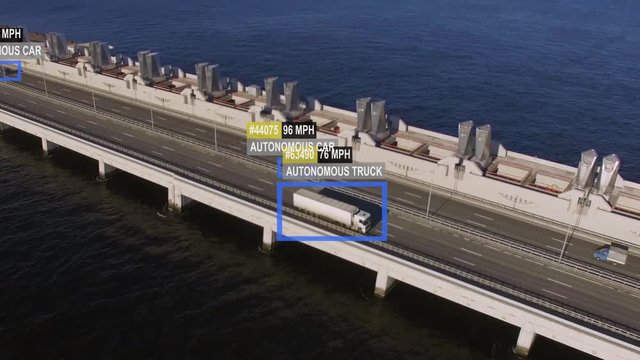 Driverless or autonomous car aerial view. Traffic passing by a bridge. Plate number, miles per hour and ID number displaying. Future transportation. Artificial intelligence. Self driving.