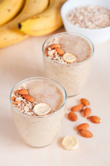 Fresh banana smoothies with oat with banana chips
